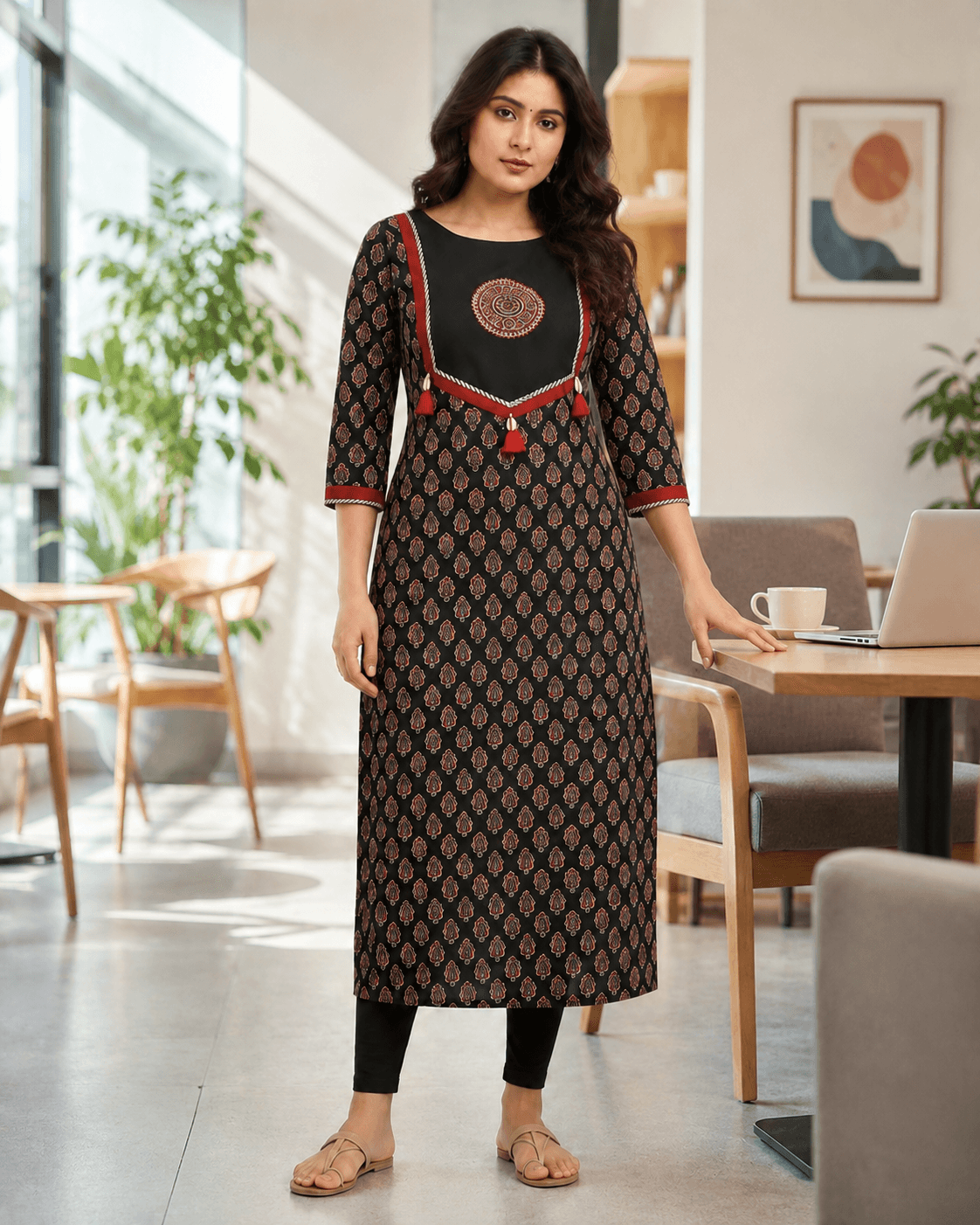 Black printed cotton kurti styled for everyday wear