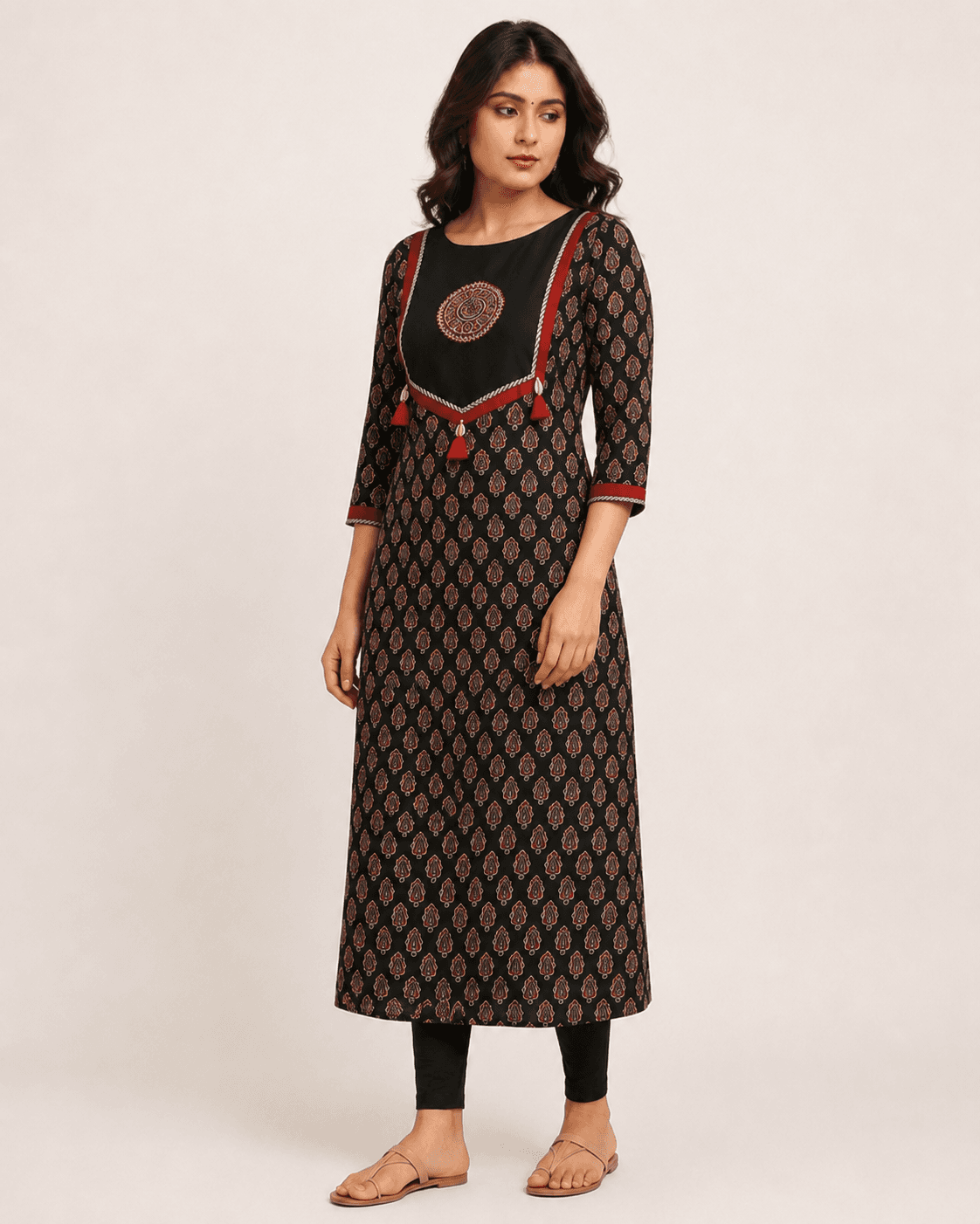 Ajrakh Black Cotton Straight Kurti, view 4
