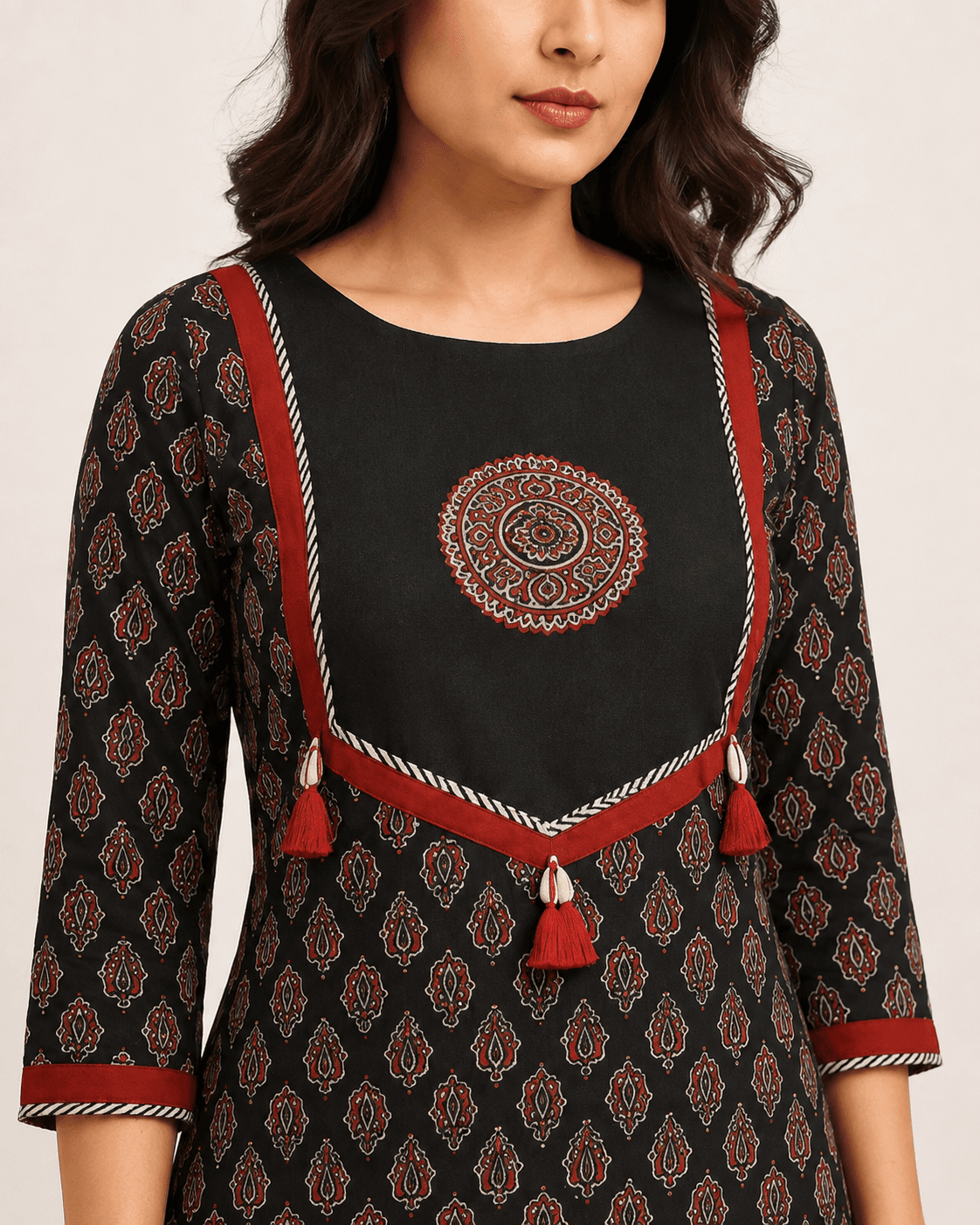 Ajrakh Black Cotton Straight Kurti, view 5