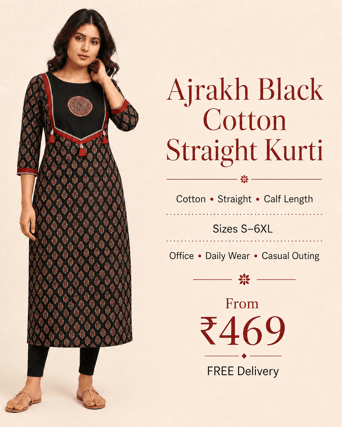 Ajrakh Black Cotton Straight Kurti, view 6