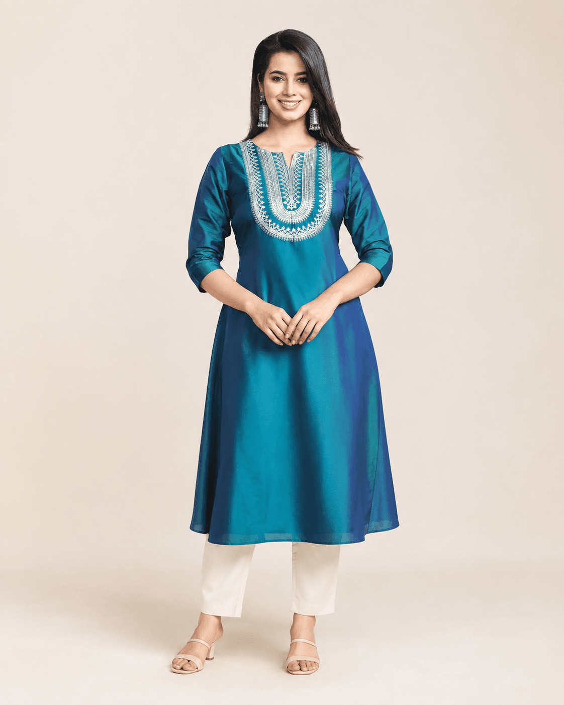 Teal Art-Silk Embroidered A-Line Kurta