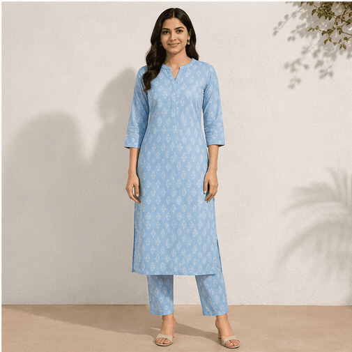 Sky Blue Cotton Kurta & Pant Set
