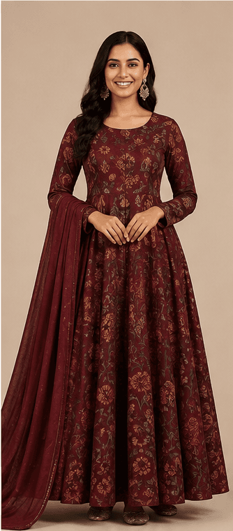 Maroon Printed Flared Gown with Dupatta