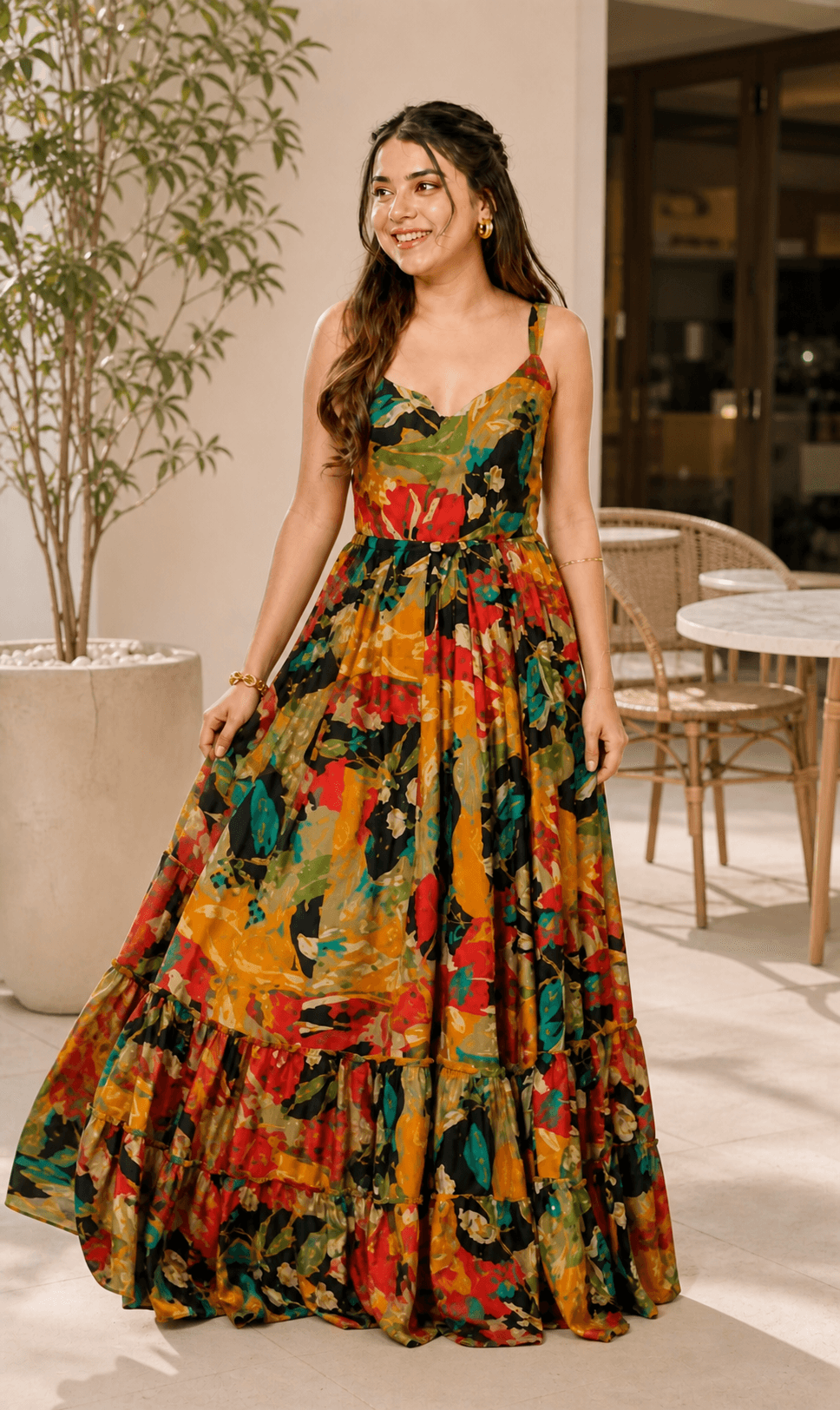 Multicolour Sleeveless Rayon Maxi Dress, view 3