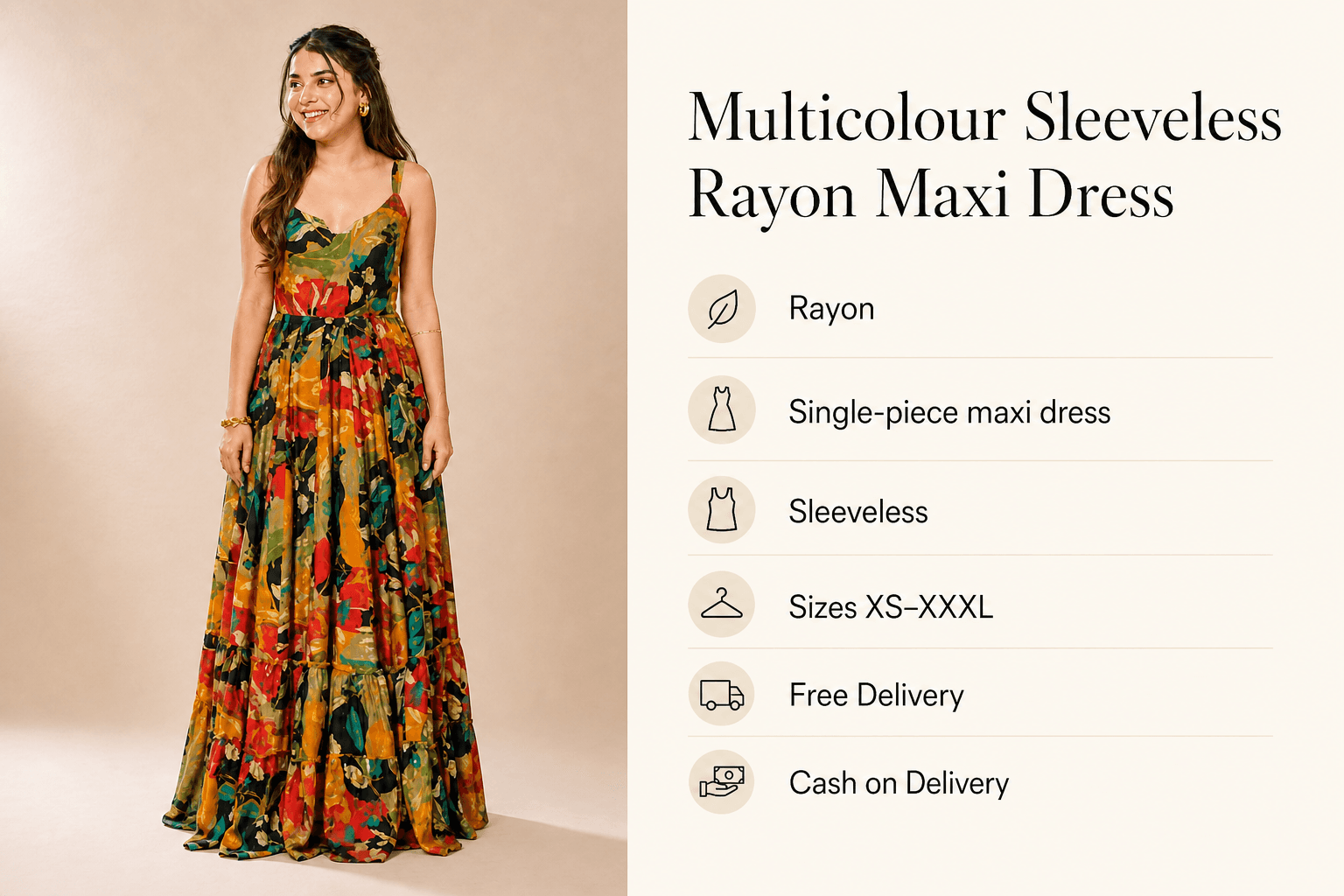 Multicolour Sleeveless Rayon Maxi Dress, view 6
