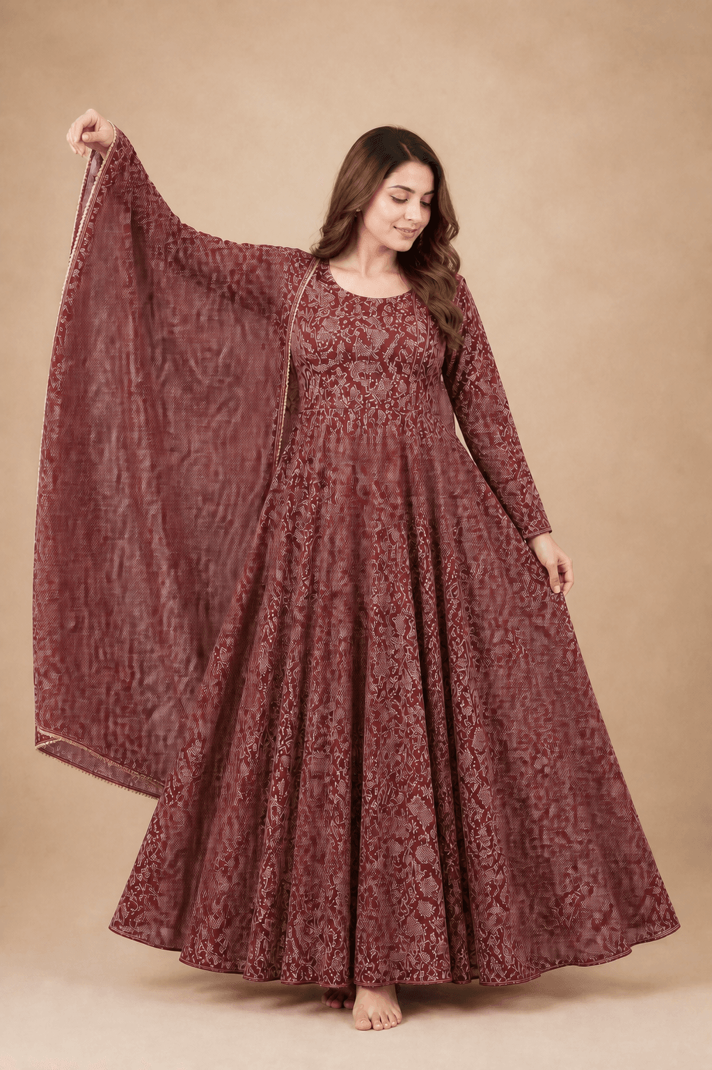 Maroon Printed Flared Gown with Dupatta
