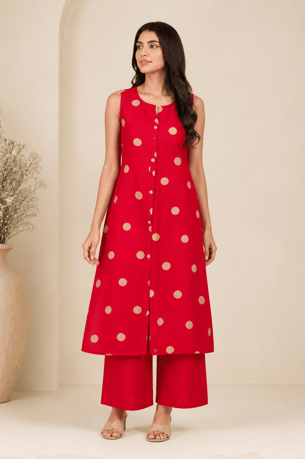 Red Sleeveless Rayon Kurta-Palazzo Set