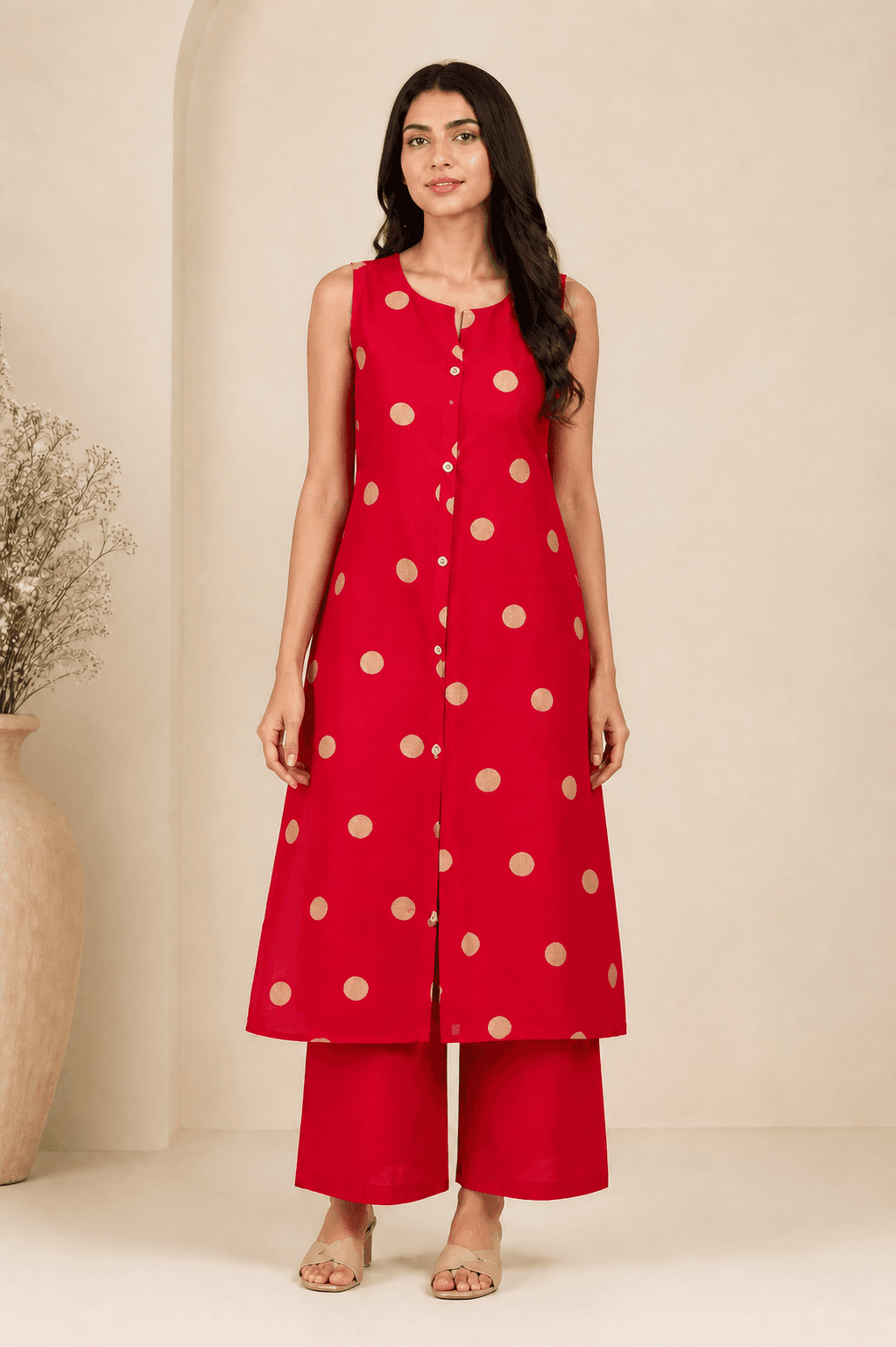 Red Sleeveless Rayon Kurta-Palazzo Set, view 2