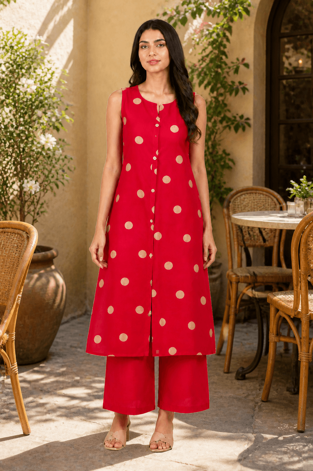 Red Sleeveless Rayon Kurta-Palazzo Set, view 3
