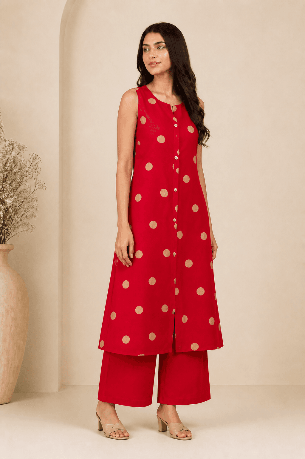 Red Sleeveless Rayon Kurta-Palazzo Set, view 4