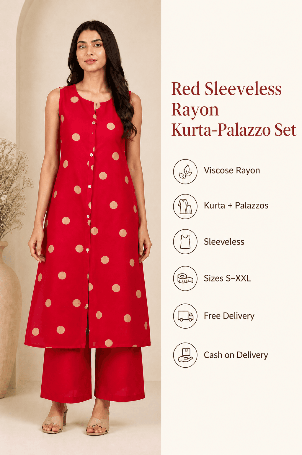 Red Sleeveless Rayon Kurta-Palazzo Set, view 6