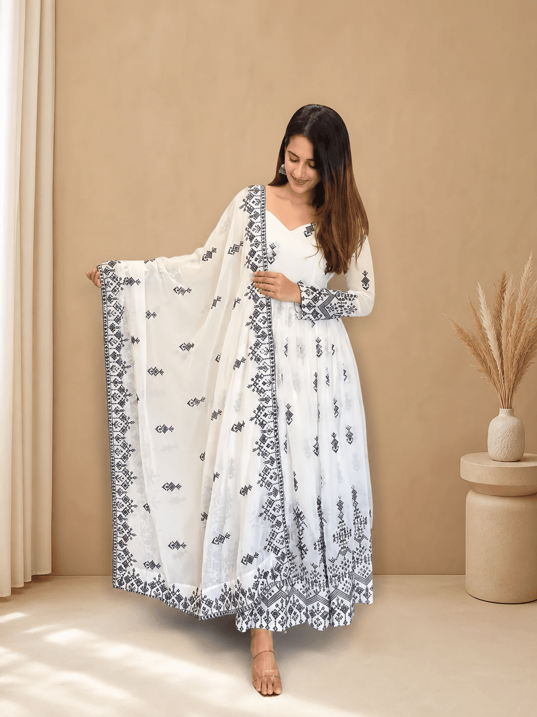 White Georgette Anarkali with Dupatta