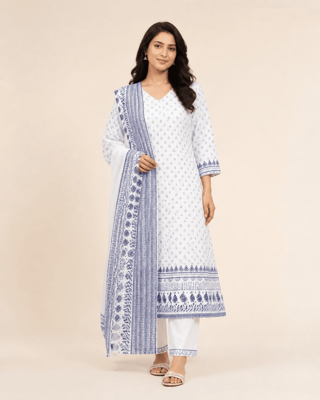 White Printed Cotton Three-Piece Kurta Set