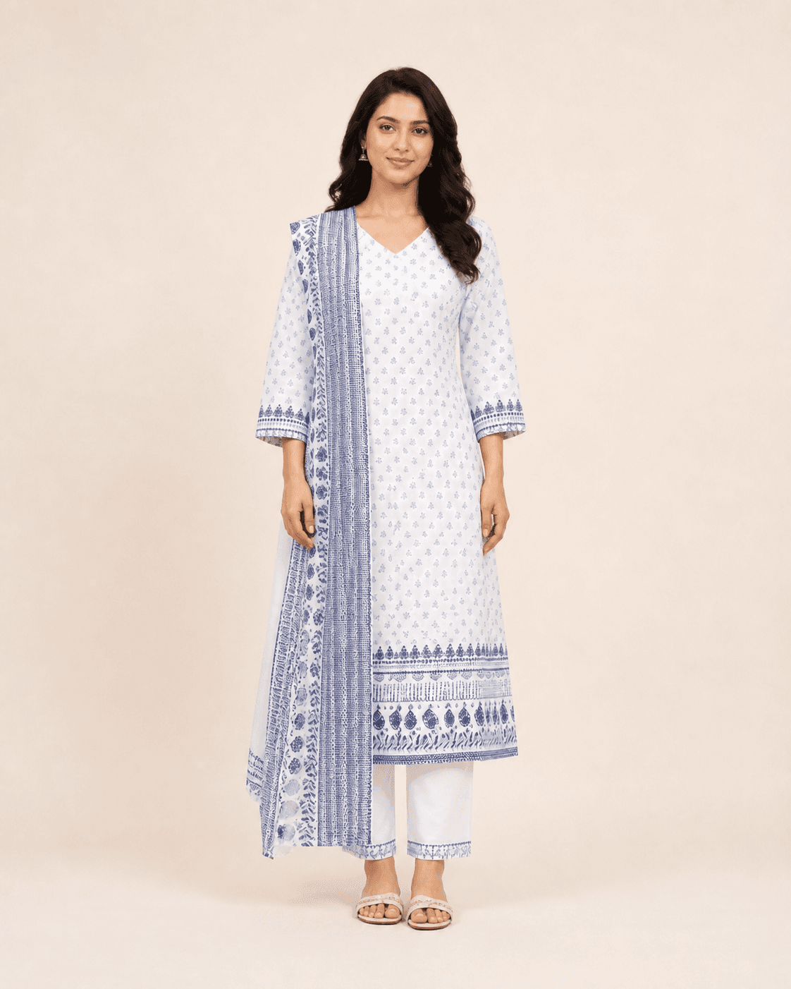 White Printed Cotton Three-Piece Kurta Set, view 2