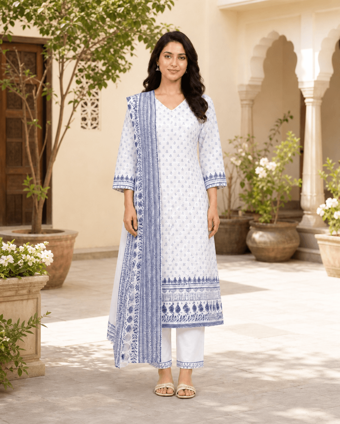 White Printed Cotton Three-Piece Kurta Set, view 3