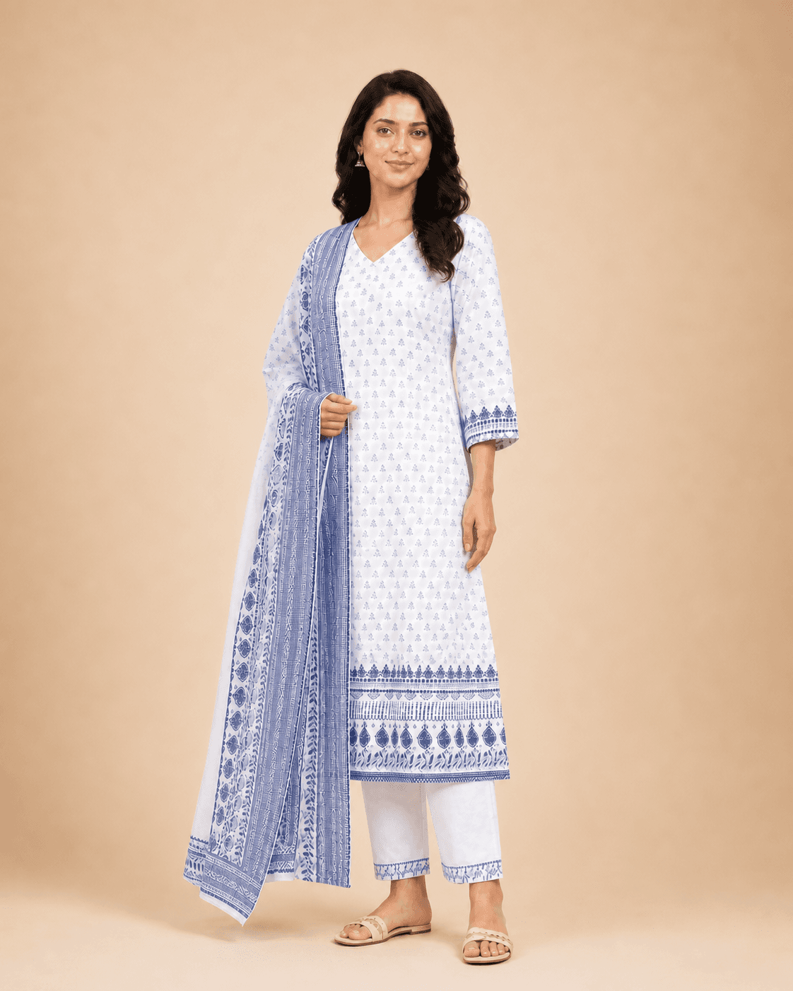 White Printed Cotton Three-Piece Kurta Set, view 4