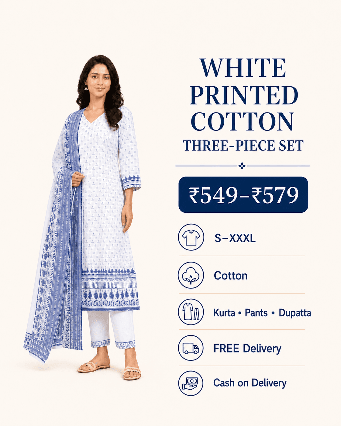 White Printed Cotton Three-Piece Kurta Set, view 6