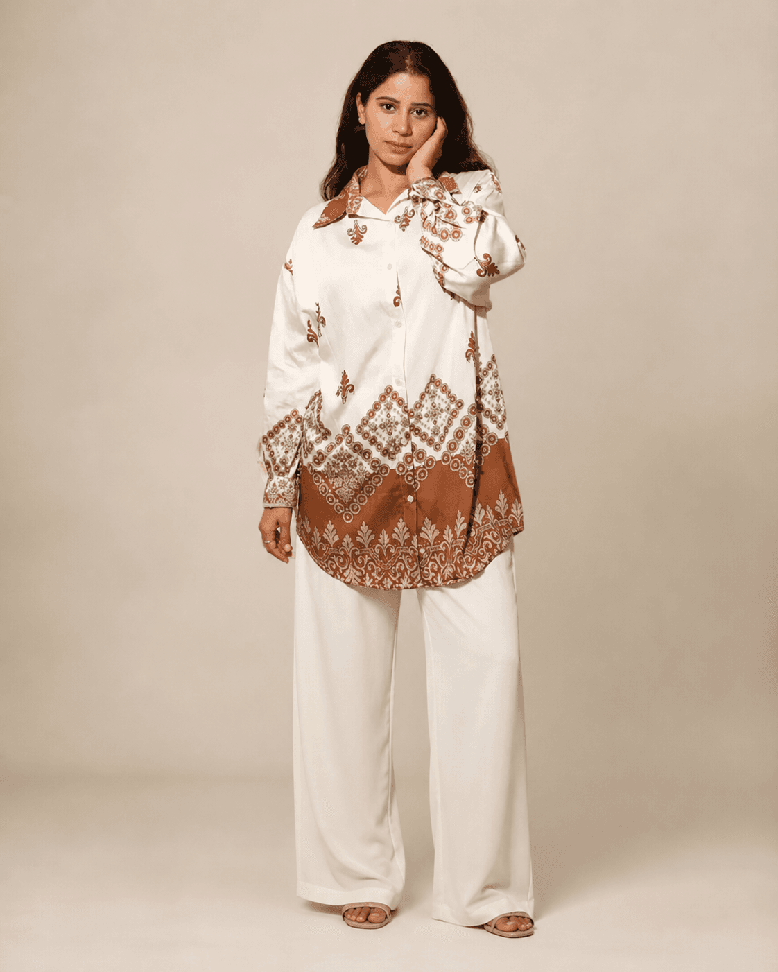 Cream Printed Cotton-Blend Co-ord Set