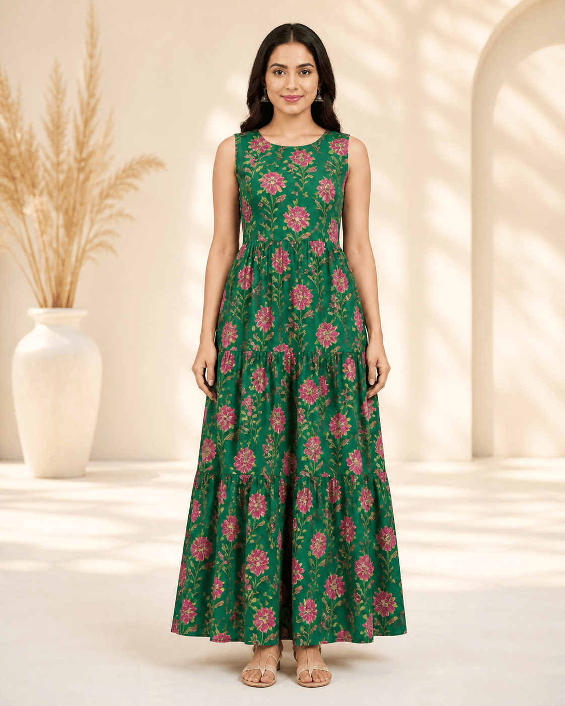Green Floral Tiered Rayon Maxi Dress