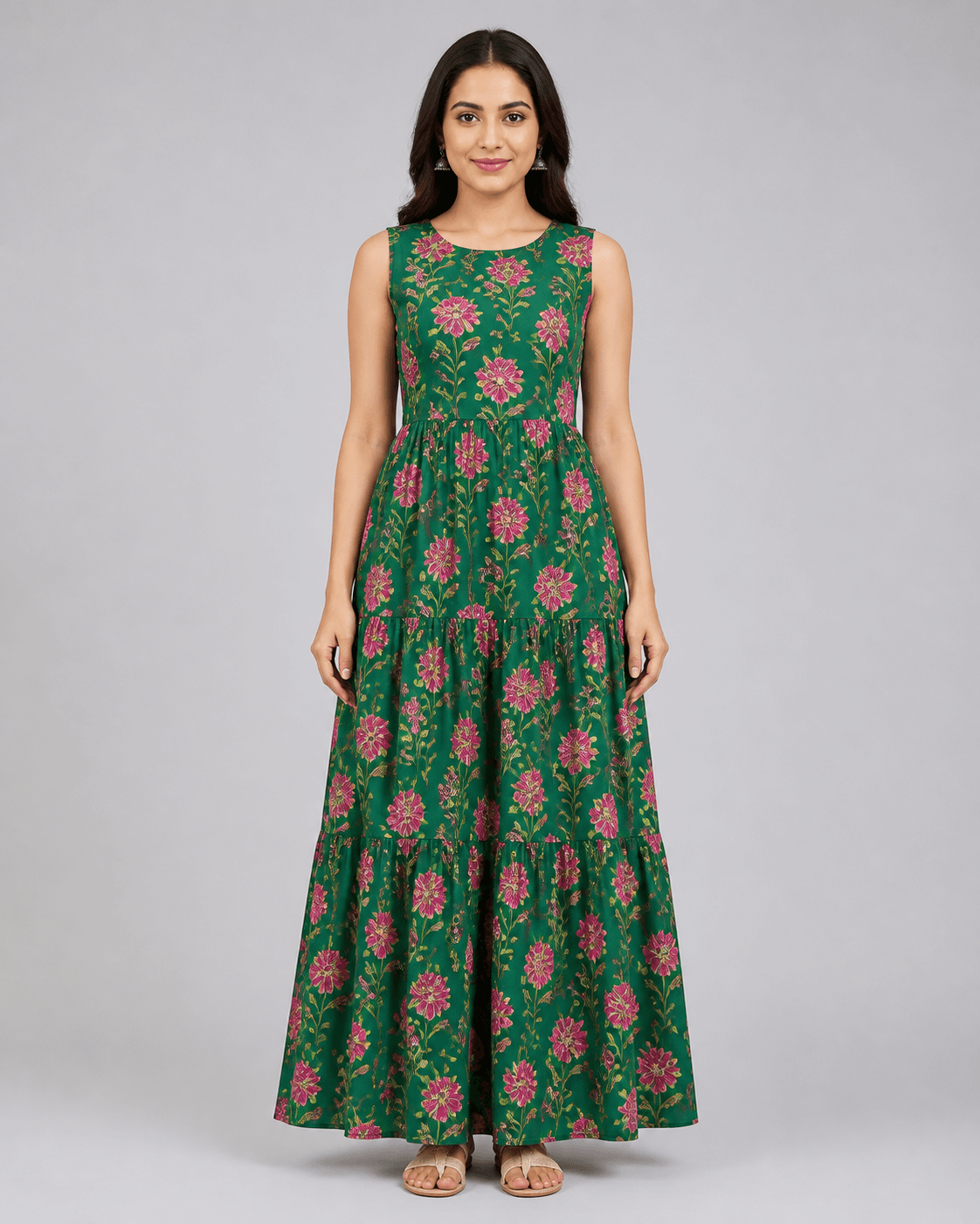 Green Floral Tiered Rayon Maxi Dress, view 2