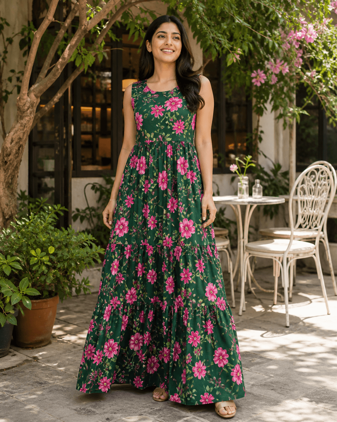 Green Floral Tiered Rayon Maxi Dress, view 3