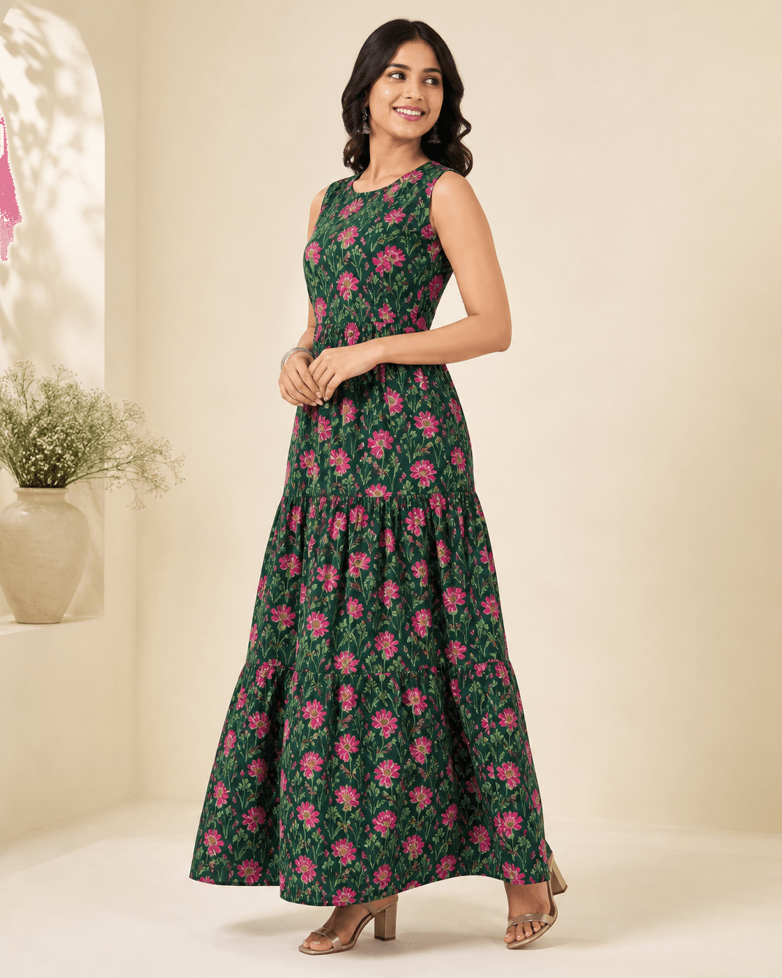 Green Floral Tiered Rayon Maxi Dress, view 4