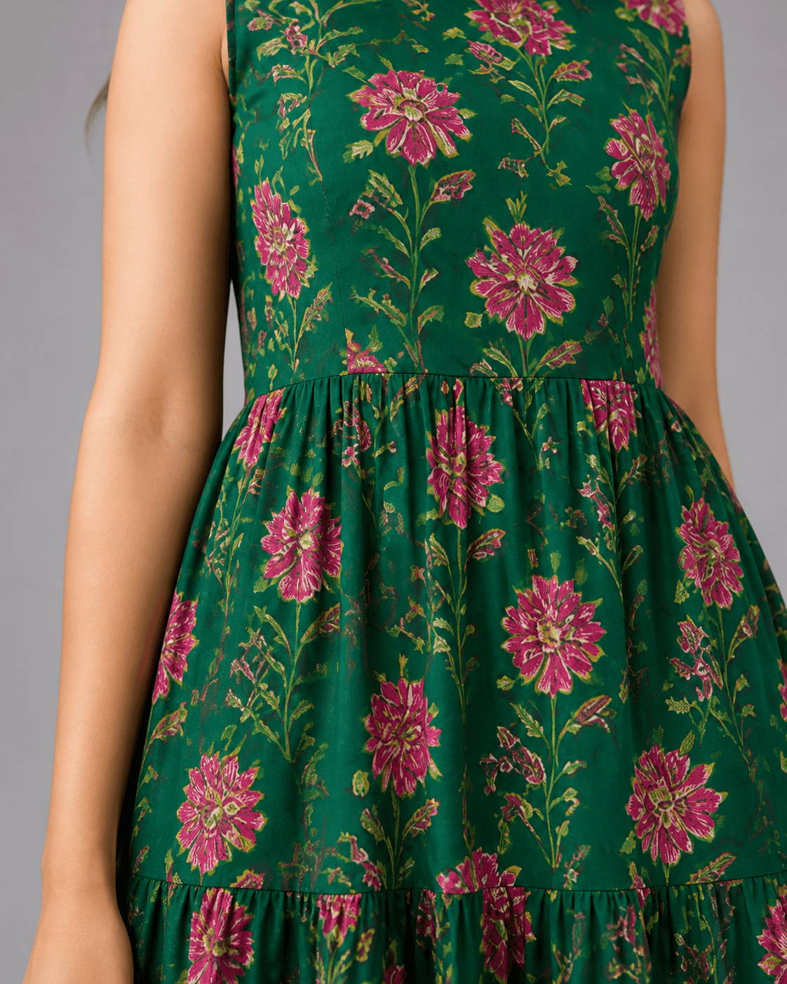 Green Floral Tiered Rayon Maxi Dress, view 5