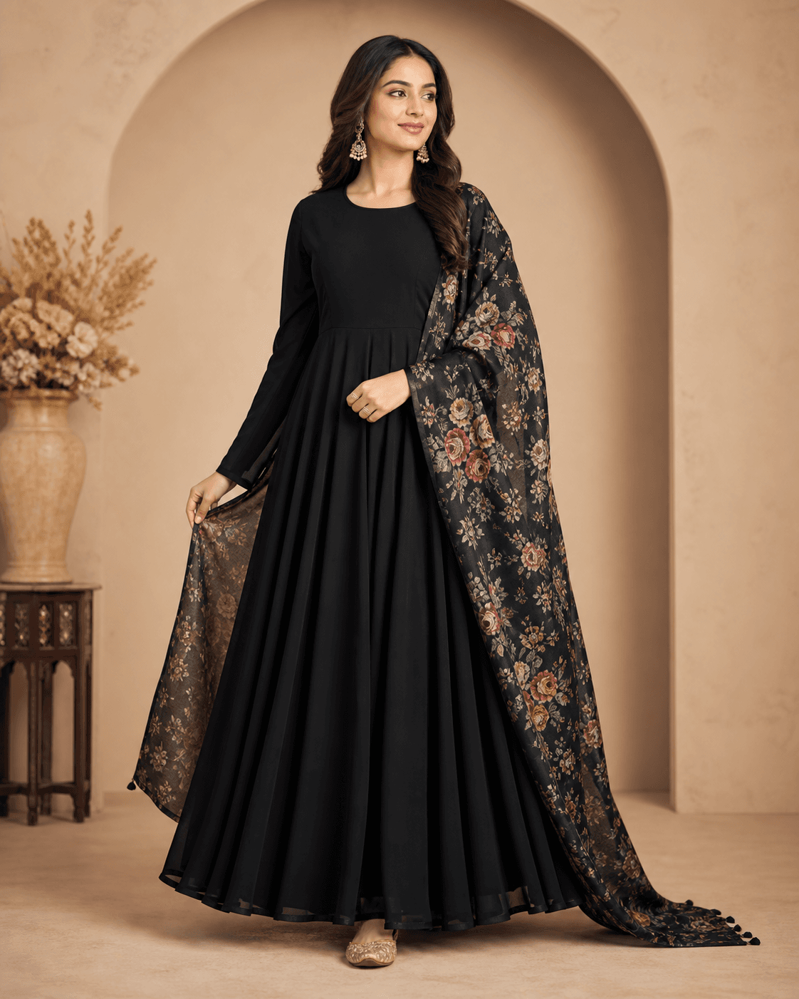 Black Georgette Anarkali with Floral Dupatta