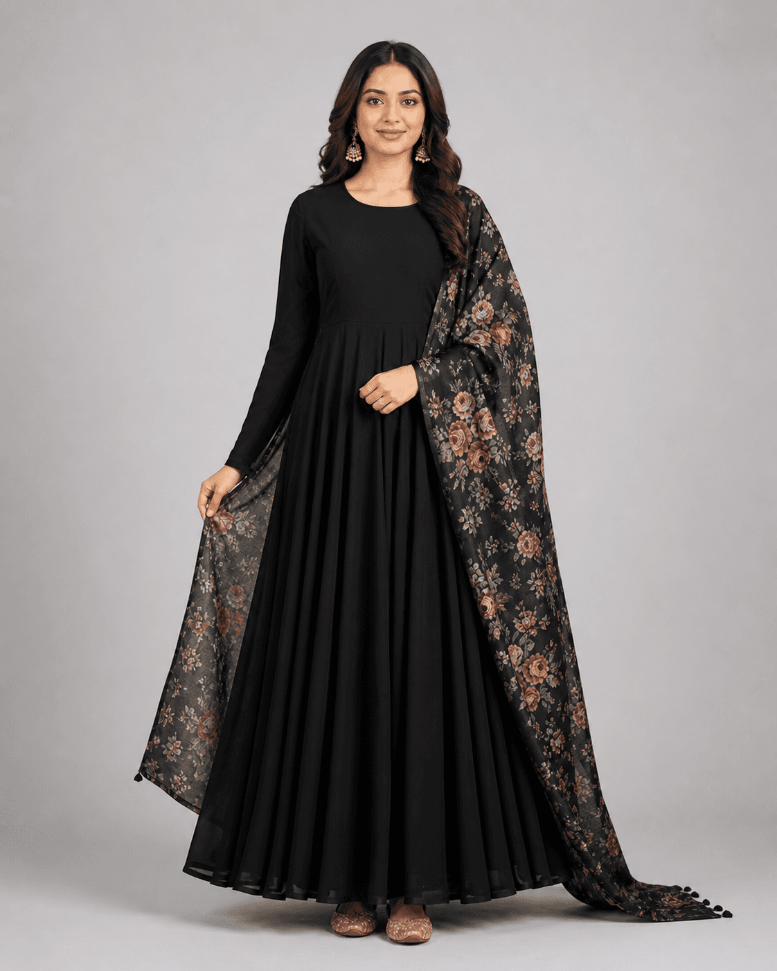 Black Georgette Anarkali with Floral Dupatta, view 2