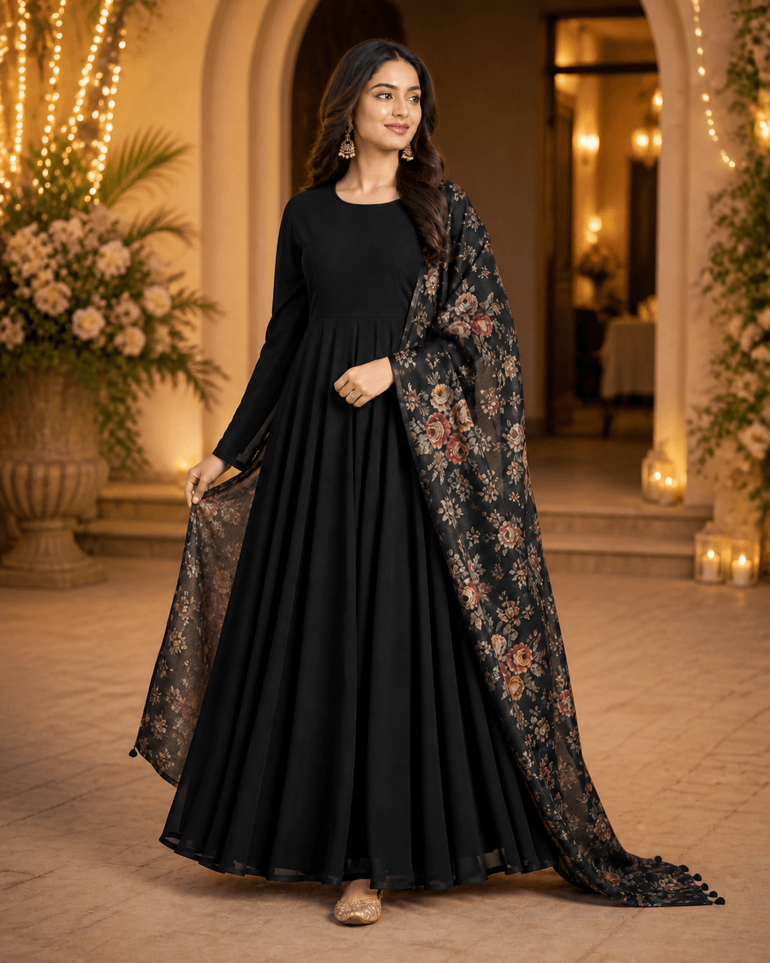Black Georgette Anarkali with Floral Dupatta, view 3