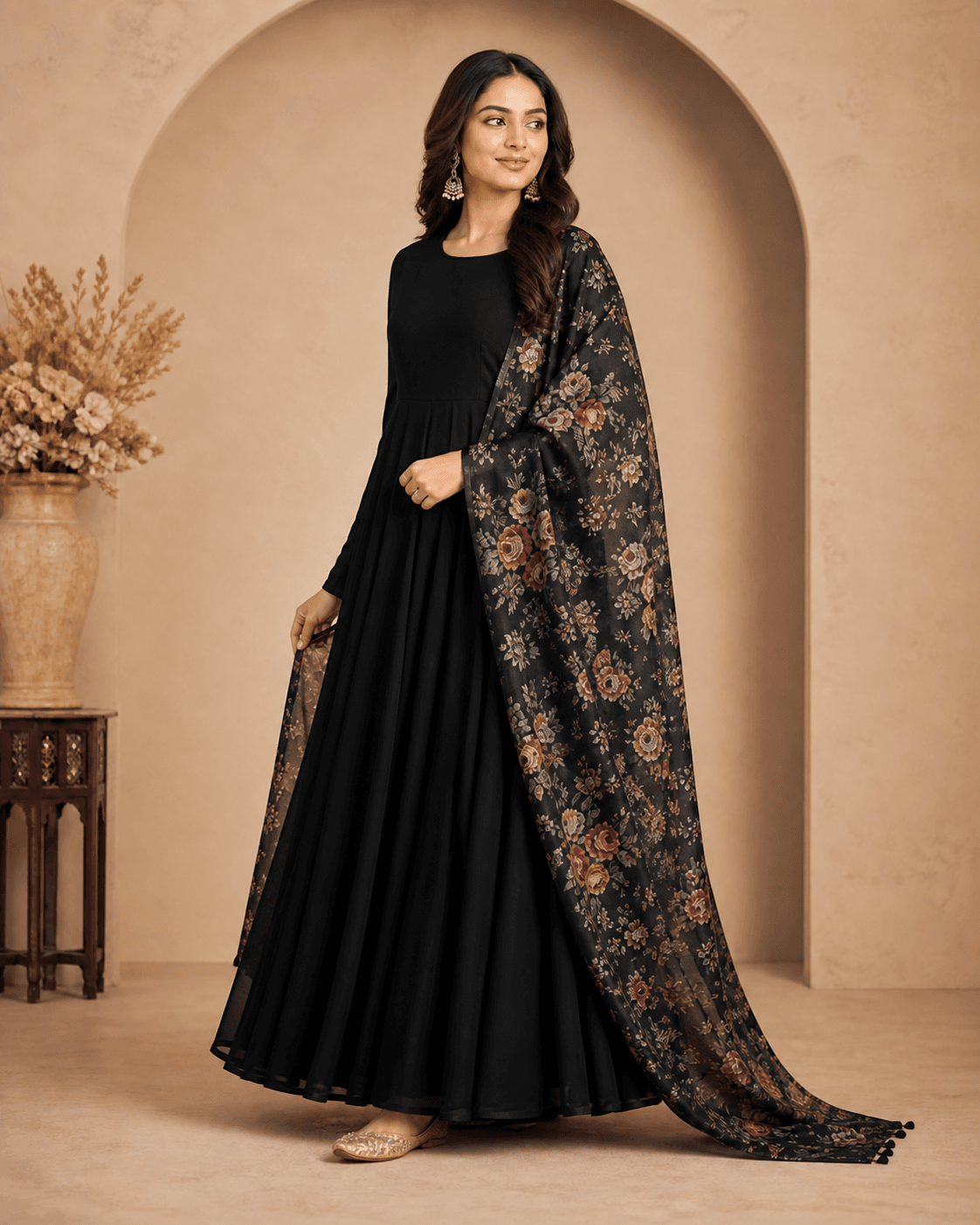 Black Georgette Anarkali with Floral Dupatta, view 4