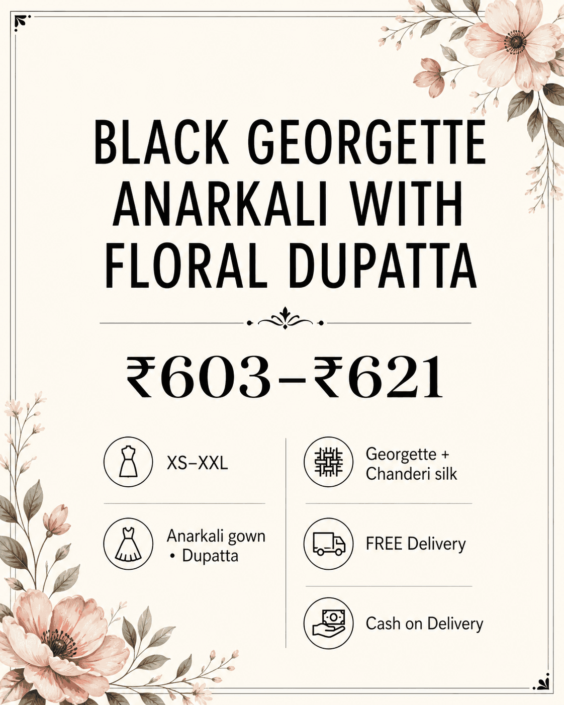 Black Georgette Anarkali with Floral Dupatta, view 6