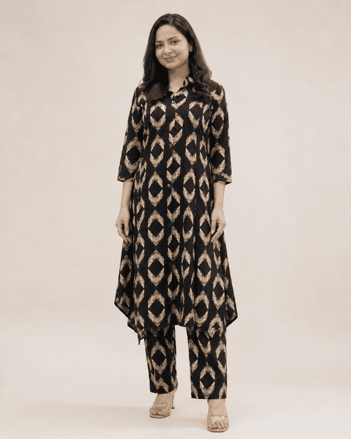 Black & Beige Diamond-Print Rayon Kurta Pant Set, view 2