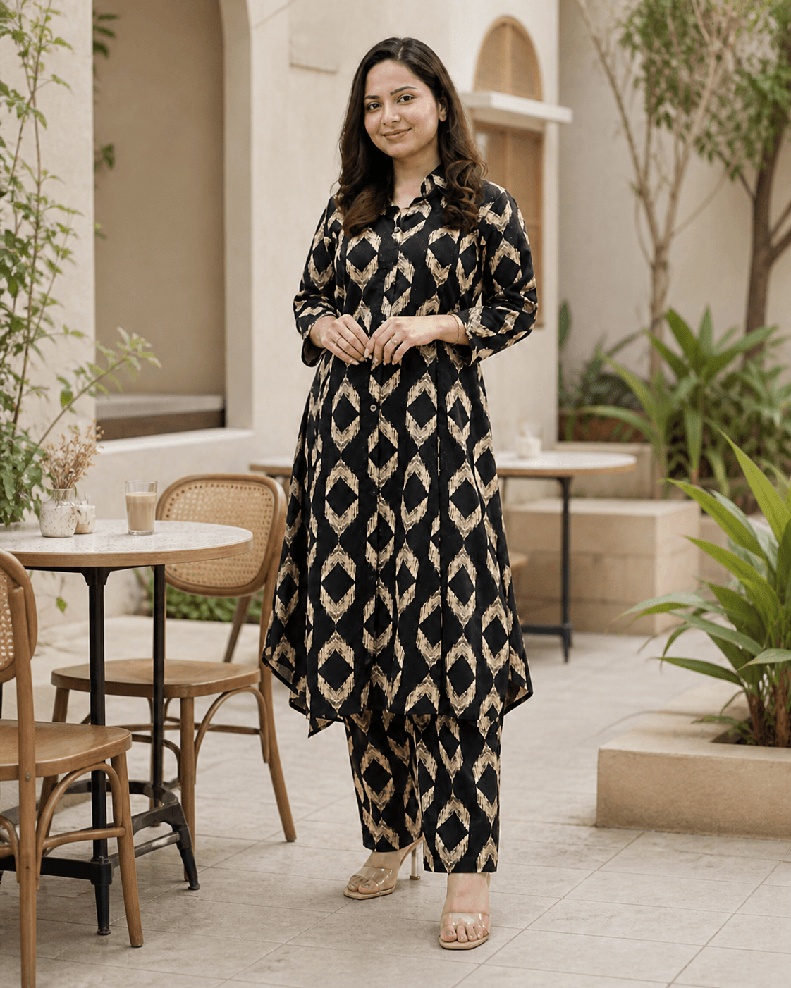 Black & Beige Diamond-Print Rayon Kurta Pant Set, view 3