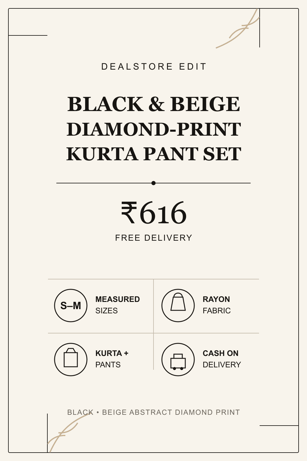 Black & Beige Diamond-Print Rayon Kurta Pant Set, view 6
