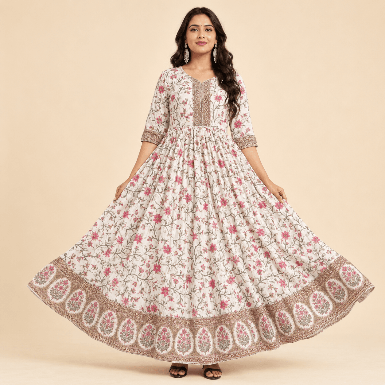 Ivory Floral Rayon Flared Gown