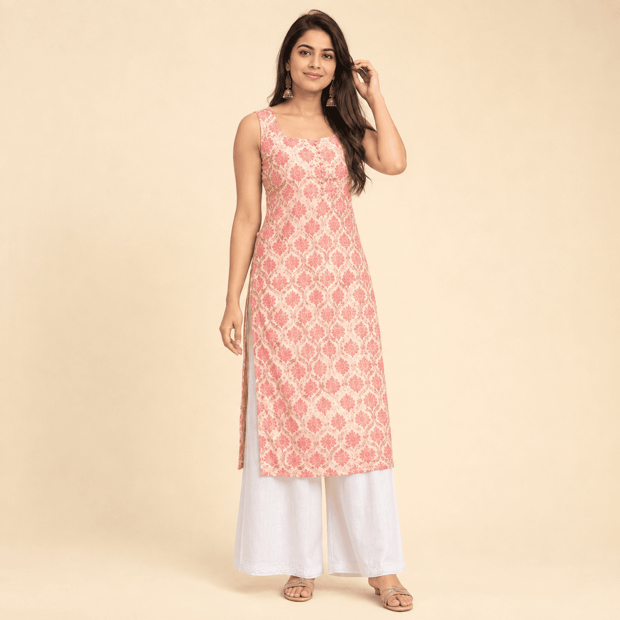Peach Printed Kurta Palazzo Set