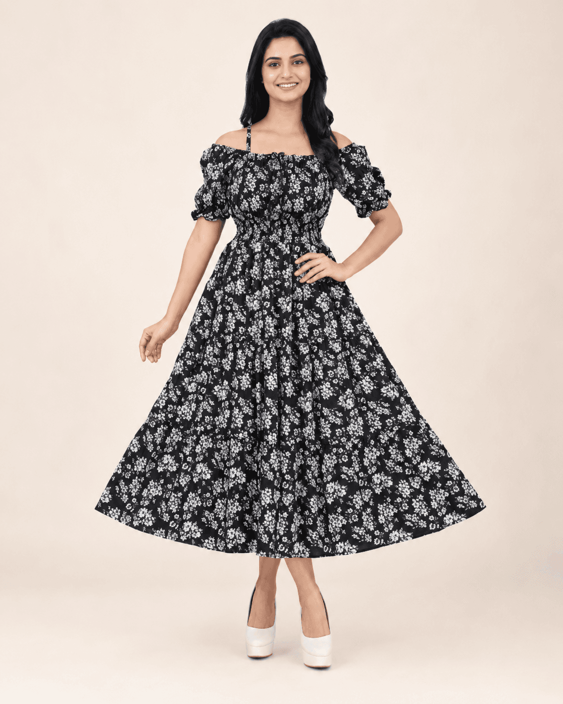 Black Floral Fit-and-Flare Maxi Dress