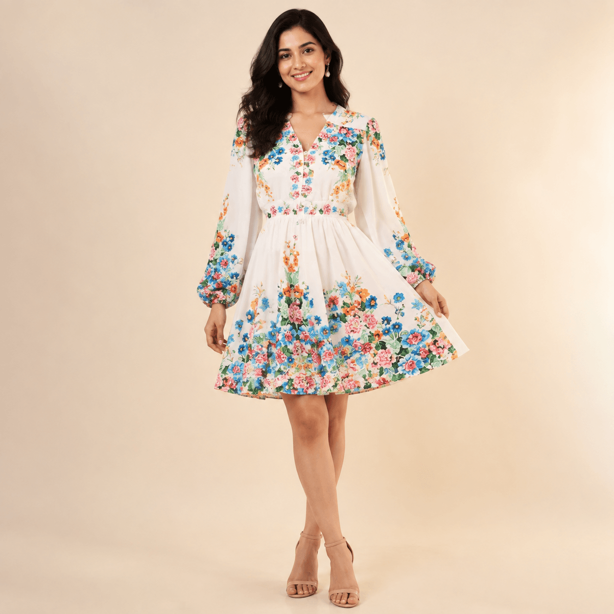 White Floral Puff-Sleeve Mini Dress