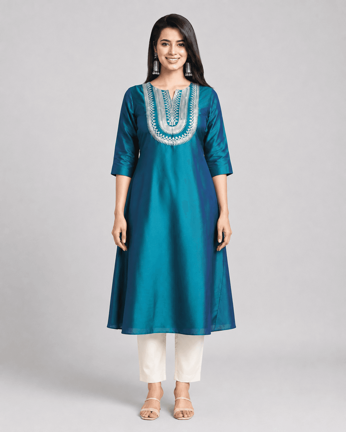 Teal Art-Silk Embroidered A-Line Kurta, view 2