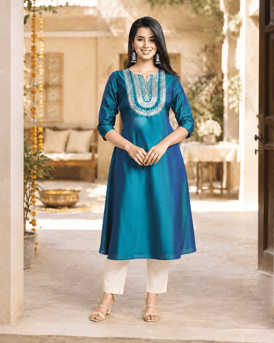 Teal Art-Silk Embroidered A-Line Kurta, view 3