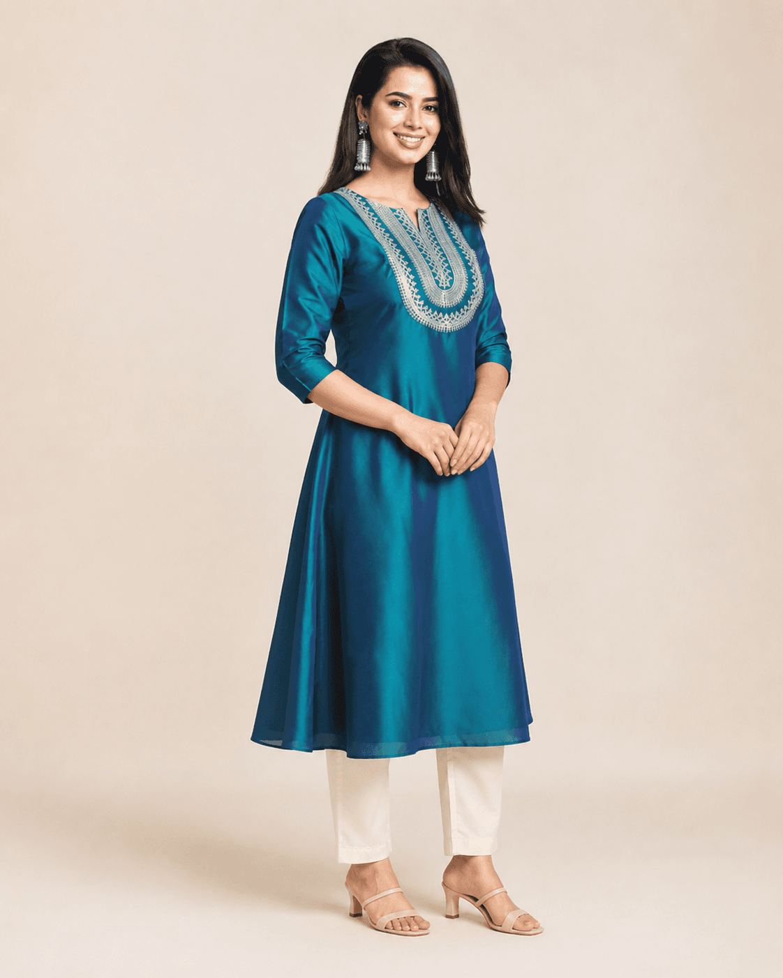 Teal Art-Silk Embroidered A-Line Kurta, view 4