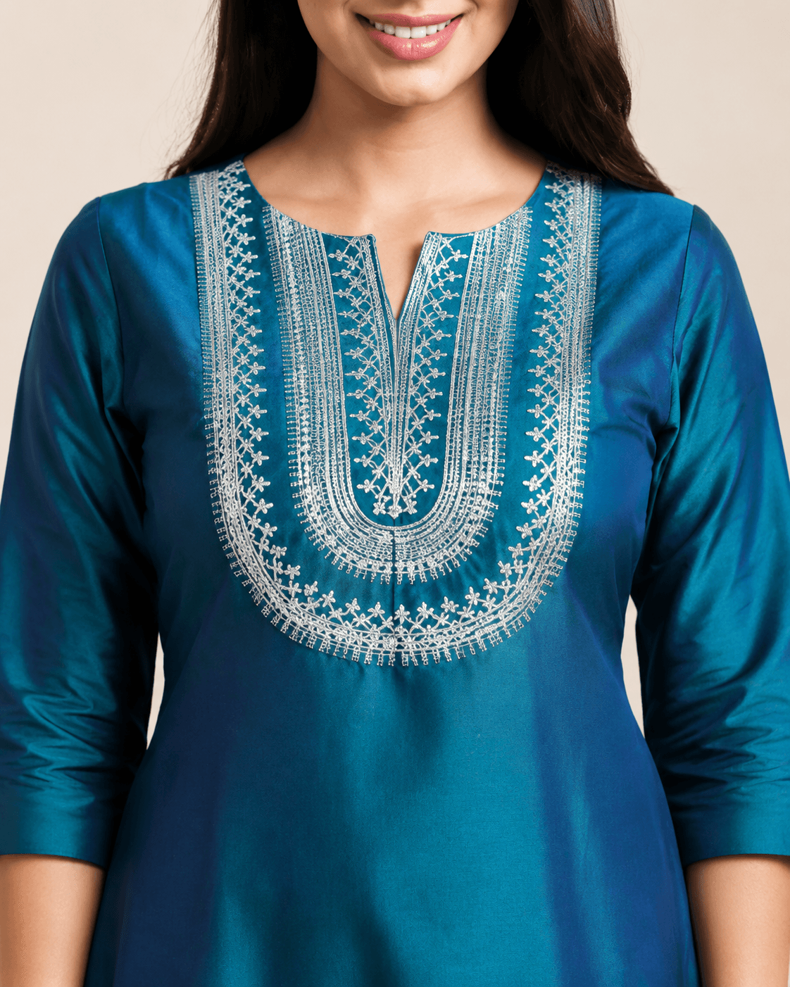 Teal Art-Silk Embroidered A-Line Kurta, view 5