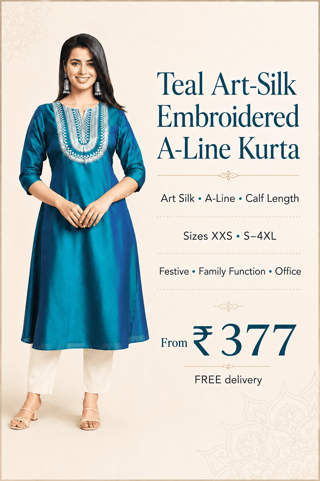 Teal Art-Silk Embroidered A-Line Kurta, view 6