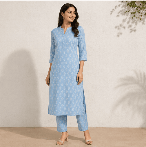 Sky Blue Cotton Kurta & Pant Set, view 2