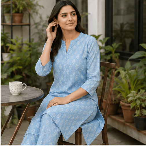 Sky Blue Cotton Kurta & Pant Set, view 3