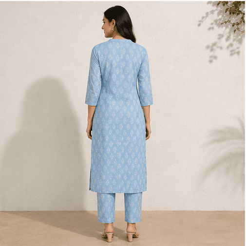 Sky Blue Cotton Kurta & Pant Set, view 4