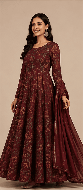 Maroon Printed Flared Gown with Dupatta, view 2