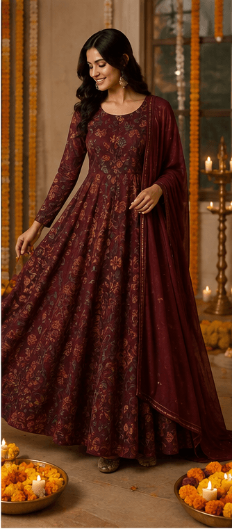 Maroon Printed Flared Gown with Dupatta, view 3