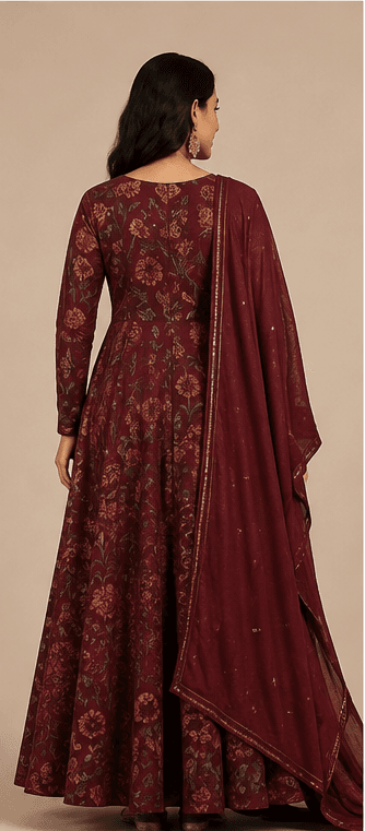 Maroon Printed Flared Gown with Dupatta, view 4